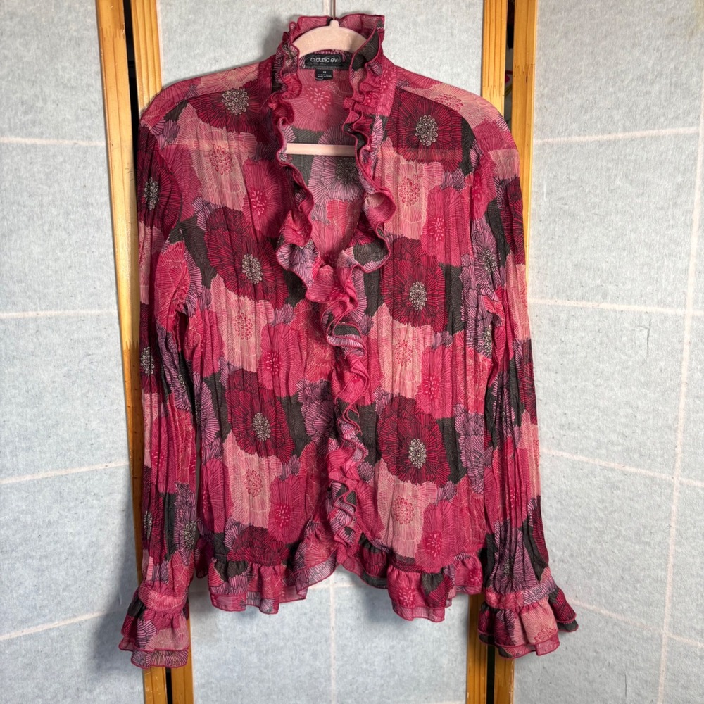 Claudia EV Ruffle Floral Blouse 12 Pink Pleated Sheer Whimsigoth V-Neck Top Y2K